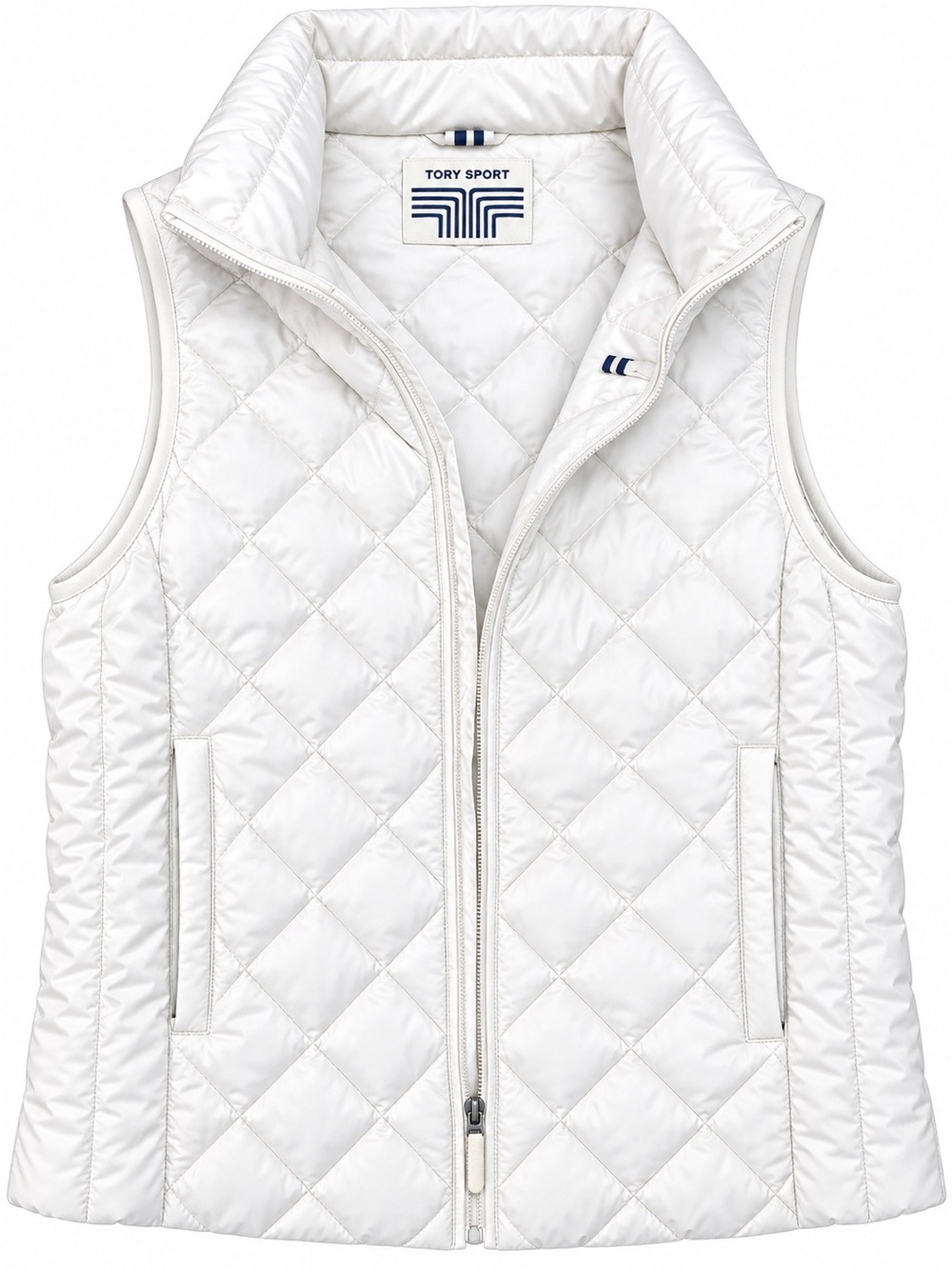 Tory Sport Quilted White Puffer Vest with Stand Collar